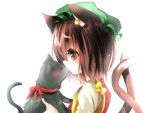  animal_ears bad_id blush brown_eyes brown_hair bust cat cat_ears cat_tail chen closed_eyes ear_piercing earrings emia eyes_closed hat jewelry kiss multiple_tails piercing ribbon solo tail touhou 
