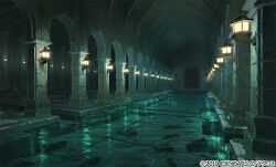  aqua_theme ayakashi_rumble! colonnade column commentary_request copyright_notice indoors lantern no_humans official_art pillar pool ruins scenery shiki_makoto variant_set water 
