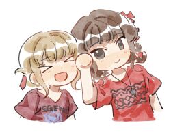  >_< 2girls artist_request blush brown_hair closed_eyes closed_mouth commentary_request commission hair_ribbon highres jewelry looking_at_viewer multiple_girls necklace open_mouth photo-referenced real_life red_ribbon red_shirt ribbon sasaki_rico second-party_source shirt short_hair short_sleeves simple_background takao_kanon upper_body voice_actor white_background 