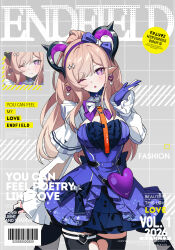  1girl :o ;o absurdres arknights arknights:_endfield black_gloves black_thighhighs blood blood_halo blowing_kiss blue_dress blue_gloves blush bow bow_hairband breasts brown_hair buttons camille_(arknights) chinese_commentary clothing_cutout commentary_request cover cover_page cowboy_shot curled_horns demon_girl demon_horns double-breasted dress earrings fake_cover fake_magazine_cover frilled_dress frills gloves green_eyes green_hair hair_bow hair_ornament hairband half_gloves halo hand_up headset heart heart_earrings highres holding holding_microphone horns idol jewelry liino_(arknights) liquid_halo long_hair magazine_cover medium_breasts microphone multicolored_hair multicolored_horns neck_tattoo one_eye_closed pants partially_fingerless_gloves pointy_ears ponytail red_streaks shirt short_hair shrug_(clothing) sleeve_cuffs solo spiked_halo star-shaped_pupils star_(symbol) star_hair_ornament streaked_hair symbol-shaped_pupils tailcoat tattoo thigh-highs thigh_cutout thigh_strap tupikeee two-tone_horns vampire violet_eyes white_pants white_shirt white_shrug 