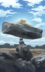  blue_sky brown_fur closed_eyes closed_mouth clouds commentary_request eevee highres no_humans outdoors pokemon pokemon_(creature) pokemon_focus rock scenery sky sleeping solo yamaori_(hakkentai_pokedan) 