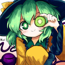  1girl blush bow closed_mouth collared_shirt commentary disembodied_linked_eye english_text eyeball food frilled_shirt_collar frilled_sleeves frills fruit gradient_background green_eyes green_hair green_hat hat hat_bow heripantomorrow holding holding_food holding_fruit kiwi_(fruit) kiwi_slice komeiji_koishi long_sleeves looking_at_viewer shirt sleeves_past_fingers sleeves_past_wrists smile solo touhou untranslatable_commentary wide_sleeves yellow_bow yellow_shirt 