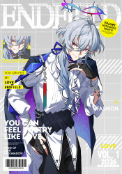  1boy absurdres arknights arknights:_endfield bell_sleeves bishounen black_gauntlets chain chain_bracelet char_(arknights) chinese_commentary coat coat_on_shoulders commentary_request cover cover_page cowboy_shot fake_cover fake_magazine_cover gloves grey_hair hair_between_eyes hair_over_shoulder halo headset highres looking_at_viewer magazine_cover male_focus partially_fingerless_gloves pointy_ears red_eyes shirt slouching solo spiked_halo tupikeee vampire white_shirt 