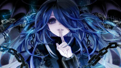  blue_dress blue_eyes blue_hair chain checkered_print chest_ribbon choker commentary concept_art cuffs dress easu_(park_jihye) electricity finger_to_mouth flat_chest floating_hair garter_belt garter_straps hair_over_one_eye handcuffs head_wings hooded_dress long_hair official_art ophelia_(s4_league) s4_league shushing very_long_hair wings 