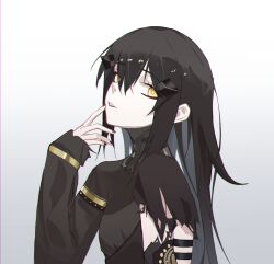  1girl black_dress black_hair black_nails bright_pupils commentary dandelion_(girls'_frontline) dress english_commentary finger_to_mouth from_side girls_frontline hair_between_eyes hair_ornament hairclip hand_up highres long_hair long_sleeves looking_at_viewer nail_polish open_mouth parted_lips sidelocks simple_background solo takaprince torn_clothes torn_dress upper_body white_pupils yellow_eyes 