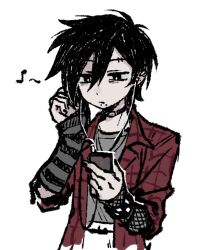  1boy alternate_costume alternate_universe antenna_hair black_choker black_eyes black_hair black_nails chinese_commentary choker closed_mouth commentary_request double-parted_bangs earphones earphones emori eyebrow_piercing face_piercing hair_between_eyes male_focus mouth_piercing musical_note omori piercing short_hair simple_background solo sunny_(omori) white_background y_h 