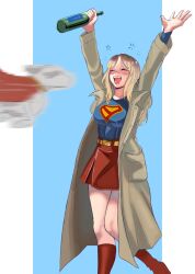  1girl :d ^_^ absurdres animal arms_up beer_bottle belt belt_buckle blonde_hair blue_shirt blush boots bottle breasts brown_coat buckle buttons cape closed_eyes coat commentary compression_shirt dc_comics dog drooling drunk gold_belt highres holding holding_bottle hsiao_yeh knee_boots knees knees_together_feet_apart krypto_the_superdog large_breasts leather leather_boots long_coat long_sleeves medium_hair miniskirt motion_blur mouth_drool multicolored_hair nose_blush open_clothes open_coat open_mouth pocket print_shirt red_boots red_cape red_skirt roots_(hair) shirt skirt smile squeans supergirl supergirl_(2026) supergirl_(movie_costume) superhero_costume superman_(series) superman_logo trench_coat unbuttoned white_dog 