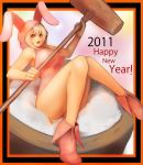  2011 blonde_hair border bunny_hood hammer jpeg_artifacts new_year open_mouth original red_eyes sitting thighs yaoya_musuko 