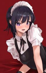  1girl alternate_costume black_dress black_hair black_ribbon blush boku_wa_tomodachi_ga_sukunai breasts collared_shirt commentary cropped dress duplicate embarrassed enmaided hair_between_eyes highres lower_teeth_only maid maid_headdress mikazuki_yozora open_mouth puffy_short_sleeves puffy_sleeves red_background ribbon shirt short_hair short_sleeves sidelocks simple_background small_breasts solo sooon sweatdrop teeth upper_body v-shaped_eyebrows violet_eyes white_shirt 