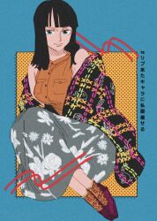  1girl black_hair blue_border blue_eyes border cardigan commentary_request full_body looking_at_viewer medium_hair nico_robin one_piece orange_background orange_shirt pemu_op shirt sitting skirt sleeveless sleeveless_shirt smile 