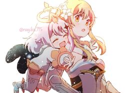  2girls ^_^ arm_guards artist_name backlighting bare_shoulders black_corset black_scarf blonde_hair blush boots breasts closed_eyes commentary_request corset detached_sleeves dress floating_hair flower flying full_body genshin_impact hair_between_eyes hair_flower hair_ornament halo hands_up happy highres long_sleeves looking_at_another lumine_(genshin_impact) mechanical_halo medium_breasts medium_hair multiple_girls nagiko_795 open_mouth orange_eyes paimon_(genshin_impact) puffy_long_sleeves puffy_sleeves romper scarf short_hair sidelocks simple_background single_thighhigh sleeveless sleeveless_dress smile star_(symbol) star_hair_ornament thigh-highs tongue upper_body wavy_hair white_background white_boots white_dress white_flower white_hair white_romper white_sleeves white_thighhighs yellow_halo 