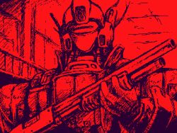  assault_visor av-98_ingram building bulletproof_vest commentary_request gun holding holding_weapon kidou_keisatsu_patlabor kidou_keisatsu_patlabor_2_the_movie looking_at_viewer lowres mecha monochrome no_humans nyaou police radio_antenna reactive_armor red_light robot s.w.a.t. science_fiction shotgun sketch weapon 