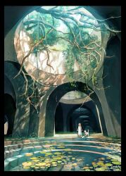  1girl arch black_border border branch commentary_request dated day dog dress highres indoors lily_pad nao1524 original overgrown pond signature skylight solo white_dog white_dress 
