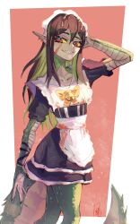  1girl absurdres alternate_costume apron arm_behind_head arm_up beastiez black_dress boutsoftheblind brown_hair closed_mouth colored_inner_hair colored_sclera crocodile_girl crocodilian_tail dress green_hair green_scales green_streaks highres kairyu_crocodile long_hair looking_at_viewer maid maid_apron maid_headdress multicolored_hair red_eyes sharp_teeth smile solo streaked_hair tail teeth virtual_youtuber yellow_sclera 