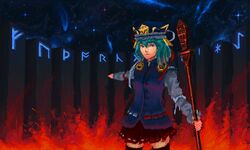  drawfag face fire green_hair night night_sky oekaki rod_of_remorse runes shikieiki_yamaxanadu sky solo touhou 