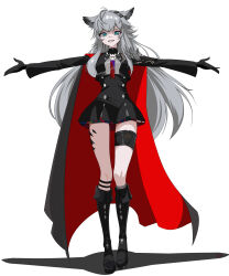  1girl absurdres aiguillette animal_ears arknights black_boots black_cape black_gloves black_jacket black_skirt boots cape chinese_commentary commentary_request dated_commentary full_body gloves hair_ornament hairclip high-waist_skirt highres jacket knee_boots lappland_(arknights) lappland_the_decadenza_(arknights) long_fingers long_sleeves looking_at_viewer material_growth multiple_hairclips no_scar oripathy_lesion_(arknights) outstretched_arms partially_shaded_face red_cape shin_strap skirt solo spread_arms standing two-sided_cape two-sided_fabric wolf_ears wolf_girl zzy_(pixiv_55172414) 