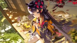  1girl asymmetrical_legwear black_thighhighs blunt_bangs blurry blurry_foreground cat center-flap_bangs closed_mouth dango day falling_leaves food game_asset gradient_hair grey_thighhighs hair_ornament halo highres holding holding_food hololive hololive_dreams hololive_english japanese_clothes kanzashi kimono leaf long_hair looking_at_viewer mismatched_legwear multicolored_hair ninomae_ina'nis ninomae_ina'nis_(warm_up_and_recharge) non-web_source official_alternate_costume official_art orange_hair pointy_ears purple_hair purple_kimono sanshoku_dango second-party_source self-datamine short_kimono shycocoa sidelocks sitting smile solo sweet_potato table takodachi_(ninomae_ina'nis) tentacle_hair thigh-highs tsumami_kanzashi very_long_hair virtual_youtuber wagashi wariza wide_sleeves 