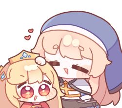  +_+ 2girls :d blonde_hair blush_stickers capelet chibi chibi_only closed_eyes commentary_request crown double-parted_bangs erpin_(trickcal) headpat heart highres korean_commentary long_hair long_sleeves multiple_girls ner_(trickcal) nun nun_headdress open_mouth pogpagwaeng red_eyes shirt simple_background smile thick_eyebrows trickcal upper_body v-shaped_eyebrows white_background white_capelet white_shirt 