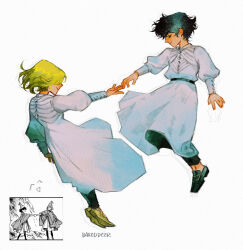  2girls agott_arklaum_(tongari_boushi_no_atelier) bakeddeer belt black_hair blonde_hair closed_eyes coco_(tongari_boushi_no_atelier) commentary curly_hair dress english_commentary facing_another full_body hand_on_another's_hand highres leggings long_dress long_sleeves multiple_girls reference_inset shoes short_hair tongari_boushi_no_atelier tunic twitter_username white_tunic yuri 