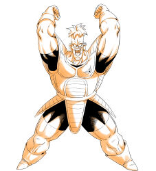  amayuki318 arms_up black_bodysuit bodysuit boots broad_shoulders collarbone commentary_request dragon_ball dragon_ball_z ginyu_force gloves highres looking_at_viewer no_eyebrows open_mouth partially_colored recoome saiyan_armor scouter screaming simple_background tongue undercut white_background white_boots white_gloves 