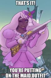  1girl :d ;d building clefable commentary dark-skinned_female dark_skin derivative_work dress english_commentary english_text eyelashes eyeshadow fan_request fascinator funkshire game_screenshot_background gloves gun hat holding holding_gun holding_weapon impact_(font) jacinthe_(pokemon) long_hair long_sleeves makeup meme one_eye_closed open_mouth pokemon pokemon_legends:_z-a prism_tower purple_dress purple_eyeshadow purple_gloves purple_hair purple_hat screenshot_background shotgun sky smile solo teeth tower very_dark_skin violet_eyes weapon you're_putting_on_the_maid_outfit_(meme) 