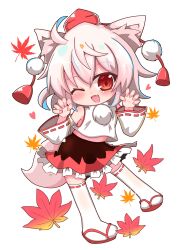  1girl :d ;d absurdres ahoge animal_ear_fluff animal_ears black_skirt chibi claw_pose commentary_request detached_sleeves fang frilled_skirt frills full_body hair_between_eyes hat highres inubashiri_momiji leaf long_sleeves looking_at_viewer maple_leaf one_eye_closed open_mouth pom_pom_(clothes) red_eyes red_hat red_ribbon red_sandals red_skirt ribbon ribbon-trimmed_sleeves ribbon-trimmed_thighhighs ribbon_trim sandals shirt simple_background skin_fang skirt sleeveless sleeveless_shirt smile solo tail takojiru thigh-highs top_hat touhou two-tone_skirt white_background white_hair white_shirt white_thighhighs wide_sleeves wolf_ears wolf_girl wolf_tail 