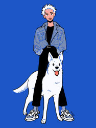  1boy animal belt black_belt black_eyes black_pants blue_background dog full_body hands_in_pockets kk724 male_focus original pants shoes short_hair sneakers standing tongue tongue_out white_dog white_hair 