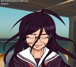  1girl ahoge closed_eyes closed_mouth commentary danganronpa_(series) danganronpa_another_episode:_ultra_despair_girls english_commentary english_text eyelashes fortnite fukawa_toko game_screenshot_background glasses hair_between_eyes ishowspeed_trying_not_to_laugh_(meme) long_hair meme messy_hair purple_hair round_eyewear sailor_collar screenshot_background smile solo sweat theleabian white_sailor_collar 
