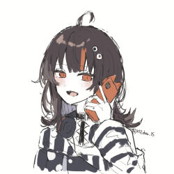  1girl ahoge arm_belt artist_name asymmetrical_sleeves bare_shoulders belt_collar black_choker black_hair black_nails black_sweater cellphone choker collar commentary_request eyeball_hair_ornament headphones headphones_around_neck highres kasai_(ksichan_25) long_sleeves looking_at_viewer mahou_shoujo_no_majo_saiban multicolored_hair nail_polish off-shoulder_sweater off_shoulder open_mouth orange_eyes orange_streaks phone portrait sawatari_coco shirt short_hair signature simple_background single_bare_shoulder sketch smartphone smile solo streaked_hair striped_sleeves sweater twitter_username white_background white_shirt 