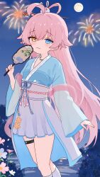  1girl :3 absurdres aerial_fireworks ahoge blue_archive blue_eyes blue_kimono blush chinese_commentary closed_mouth commentary_request feet_out_of_frame fireworks full_moon hair_between_eyes hair_ornament hair_stick hand_fan heterochromia highres holding holding_fan hoshino_(blue_archive) huifadeyileina japanese_clothes kimono kneehighs long_hair long_sleeves missing_halo moon night obi outdoors pink_hair sash sky socks solo standing very_long_hair white_sash white_socks wide_sleeves yellow_eyes 