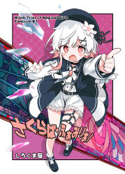  1girl belt beret black_choker black_coat black_hat black_shoes blood blood_on_clothes border broken_glass center_frills choker coat collared_coat commentary_request cover cover_page flower flower-trimmed_shorts flower-trimmed_sleeves frilled_socks frills full_body glass gradient_hair hair_flower hair_ornament hat hat_flower hat_ribbon long_sleeves looking_at_viewer mahou_shoujo_no_majo_saiban multicolored_hair neck_ribbon o-ring o-ring_thigh_strap open_mouth pants pink_background pink_eyes pink_hair pointing pointing_at_viewer ribbon sakuraba_ema shirt shoes short_hair shorts sleeveless sleeveless_coat socks solo suka thigh_strap translation_request v-shaped_eyebrows white_border white_flower white_hair white_pants white_ribbon white_shirt white_shorts white_sleeves white_socks x_hair_ornament 