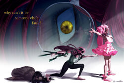  1girl alien_stage alt_text ankle_scrunchie barefoot black_hair black_pants bow commentary dress dress_bow emulation-0 english_commentary english_text glasses grey_robe hair_bow highres long_hair mizi_(alien_stage) mizi_(zombie_stage) multiple_persona outstretched_arms pants pink_bow pink_dress pink_hair pink_scrunchie pink_shoes reflection reflective_eyewear robe scrunchie shirt shoes signature spread_arms strapless strapless_dress very_long_hair yellow_eyes zombie_stage 