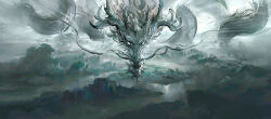  1other absurdres china chinese_commentary cliff commentary_request dragon dragon_horns eastern_dragon eastern_dragon_horns fantasy highres horns impasto leo-dont-want-to-be-a-painter no_humans original outdoors painterly scenery tree 