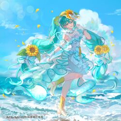  1girl absurdres blue_dress blue_eyes blue_hair blue_nails blue_sky boots chinese_commentary clouds commentary_request day dress fingerless_gloves flower full_body gloves gradient_boots hair_between_eyes hand_up hat hat_flower hatsune_miku high_heel_boots high_heels highres long_hair magical_mirai_(vocaloid) magical_mirai_miku magical_mirai_miku_(2026) nail_polish ocean open-toe_boots open_mouth outdoors sky sleeveless sleeveless_dress solo sora_ni_menjite_(vocaloid) standing standing_on_one_leg sun_hat sunflower sybil twintails very_long_hair vocaloid white_boots white_gloves yellow_boots 