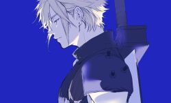  1boy armor black_shirt blonde_hair blue_background blue_eyes buster_sword closed_mouth cloud_strife demi_co earrings final_fantasy final_fantasy_vii hair_between_eyes highres jewelry male_focus pauldrons profile ribbed_shirt shirt short_hair shoulder_armor single_earring single_pauldron sleeveless sleeveless_turtleneck solo stud_earrings suspenders sword sword_on_back turtleneck upper_body weapon weapon_on_back 