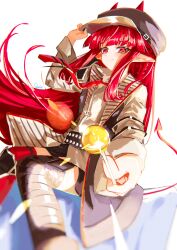  1girl arknights artist_name asymmetrical_legwear belt black_belt black_thighhighs braid brown_hat candy chinese_commentary closed_mouth commentary floating_hair food hand_on_headwear hat highres holding holding_candy holding_food holding_lollipop jacket lollipop long_hair long_sidelocks long_sleeves mismatched_legwear mismatched_thighhighs necktie nymph_(arknights) pointy_ears red_eyes red_hair red_necktie red_tail red_thighhighs sidelocks simple_background smile solo soulve studded_belt studs tail tail_raised thigh-highs tie_clip white_background white_jacket 