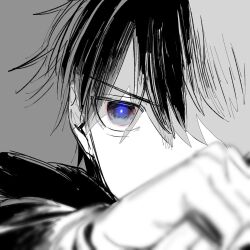  1boy blue_eyes close-up co_ay commentary_request foreshortening gakuran glowing glowing_eye hair_between_eyes holding holding_knife knife looking_at_viewer male_focus messy_hair monochrome mystic_eyes_of_death_perception nanatsu-yoru outstretched_hand reverse_grip school_uniform short_hair sketch solo staring tohno_shiki tsukihime 