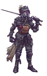  1girl armor bad_source belt full_armor full_body gauntlets gloves helmet highres holding holding_sword holding_weapon looking_at_viewer mask pauldrons purple_hair red_eyes respirator shoulder_armor simple_background solo standing sword trench_crusade weapon white_background zap-nik 