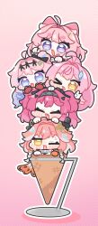  5girls aemeath_(wuthering_waves) ahoge blue_eyes changli_(wuthering_waves) chibi chibi_only commentary_request denia_(wuthering_waves) encore_(wuthering_waves) flower-shaped_pupils highres ice_cream_cone lupa_(wuthering_waves) multiple_girls one_eye_closed pink_hair sweat symbol-shaped_pupils syurikenmaru tongue tongue_out wolf_girl wuthering_waves yellow_eyes 
