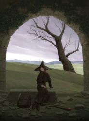  1girl absurdres bag bare_tree black_boots black_capelet black_dress black_hat black_nails boots capelet commentary day dress hat highres inverted_pentagram long_sleeves looking_at_viewer mage_staff mountainous_horizon original overcast overgrown pentagram_necklace red_hair rubble ruins scenery short_hair sitting sky solo staff subfiction tree violet_eyes wide_shot witch 
