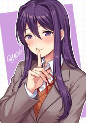  1girl absurdres blazer blush border buttons character_name collared_shirt commentary_request doki_doki_literature_club english_text eyelashes finger_to_mouth grey_jacket grid_background hair_behind_ear hair_between_eyes highres jacket light_smile long_hair long_sleeves looking_at_viewer makito.01 neck_ribbon orange_sweater_vest purple_background purple_hair raised_eyebrows red_ribbon ribbon shiny_eyes shirt solo sweater_vest two-tone_background violet_eyes white_border white_shirt wispy_bangs yuri_(doki_doki_literature_club) 