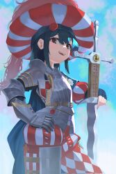  1girl armor black_hair breastplate chaperon_hat commentary flamberge hand_on_own_hip hat highres landsknecht lim_man long_hair long_sleeves looking_at_viewer open_mouth original puff_and_slash_shorts puff_and_slash_sleeves puffy_sleeves smile solo sword very_long_hair weapon 