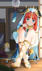  1girl :3 absurdres blonde_hair blue_eyes blue_gem blue_nails blunt_bangs blurry blush cappu_chino1204 character_doll closed_mouth commentary_request crossed_ankles dated_commentary day demon_horns depth_of_field doll fake_horns feet full_body gem genshin_impact gladiator_sandals hand_up harem_outfit highres horns indoors jewelry knees_up light_smile lips long_hair looking_at_viewer lumine_(genshin_impact) nail_polish nilou_(genshin_impact) red_hair round_window sandals sidelighting sitting solo tareme thighlet toenail_polish toenails toes veil white_veil window 