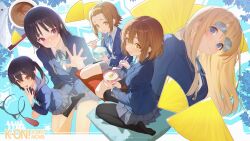  5girls absurdres akiyama_mio animal_ear_hairband animal_ears artist_name benpao_de_ruoji black_hair black_pantyhose blazer blonde_hair blue_eyes blue_ribbon blush bowl brown_eyes brown_hair cat_ear_hairband cat_ears cat_teaser chinese_commentary chopsticks commentary_request cushion fake_animal_ears food hair_ornament hairband hairclip highres hirasawa_yui ho-kago_tea_time holding holding_bowl holding_chopsticks jacket k-on! kotobuki_tsumugi latte_art long_hair looking_at_viewer multiple_girls nakano_azusa neck_ribbon open_mouth pantyhose parallel_hairclips pink_ribbon ribbon rice_bowl sakuragaoka_high_school_uniform school_uniform short_hair sitting skirt smile tainaka_ritsu takuan twintails wariza winter_uniform yellow_hairband zabuton 