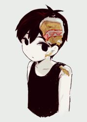  1boy ahoge amecandle_143 black_eyes black_hair black_tank_top cake collarbone commentary crumbs food highres omori omori_(omori) short_hair simple_background solo strawberry_shortcake tank_top white_background 