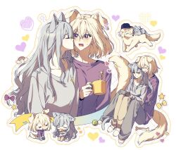  >_< 2girls animal_ears animalization ball bang_dream! bang_dream!_it's_mygo!!!!! black_hat blonde_hair blue_cat blue_hair blush bone brown_pants cat cat_ears cat_girl cat_tail closed_mouth coffee_mug commentary cup dog dog_ears dog_girl dog_tail fang grey_pants grey_shirt hat heart highres holding holding_cup kemonomimi_mode ll_allgood long_hair medium_hair misumi_uika mug multiple_girls open_mouth pants purple_shirt rainbow shirt sitting sitting_on_lap sitting_on_person smile star_(symbol) sweatdrop tail tennis_ball togawa_sakiko violet_eyes white_background yellow_eyes yuri 