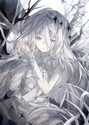  1girl bare_tree bone closed_mouth commentary dress frills grey_eyes grey_hair hair_between_eyes hair_ornament highres long_hair looking_at_viewer own_hands_clasped own_hands_together project_sekai sleeveless sleeveless_dress solo star_(symbol) star_hair_ornament thawingture tree untranslatable_commentary upper_body very_long_hair white_dress wings yoisaki_kanade 