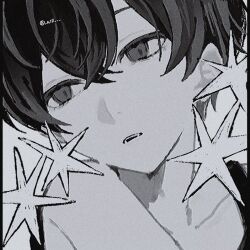 1boy black_eyes black_hair black_tank_top collarbone double-parted_bangs hair_between_eyes highres male_focus nill_(nill) omori omori_(omori) parted_lips short_hair solo tank_top twitter_username 
