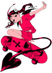  1girl antennae closed_mouth demon_girl demon_tail foreshortening full_body hair_ornament long_hair looking_at_viewer midriff_peek monochrome original outstretched_arm pink_theme shirt shoes short_sleeves shorts simple_background skateboard skateboarding skull_hair_ornament skull_print smile solo tail twintails v white_background yamato_akira 
