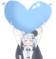  1girl ^_^ absurdres black_bow black_bowtie black_capelet black_hat blue_hair blue_necktie blue_vest bow bowtie braid braided_hair_rings capelet closed_eyes collared_shirt deerstalker facing_viewer hair_bow hair_rings hat heart highres holding holding_heart long_sleeves mahou_shoujo_no_majo_saiban march_23th necktie open_mouth shirt short_hair simple_background smile solo straight-on tachibana_sherry upper_body vest white_background white_shirt 